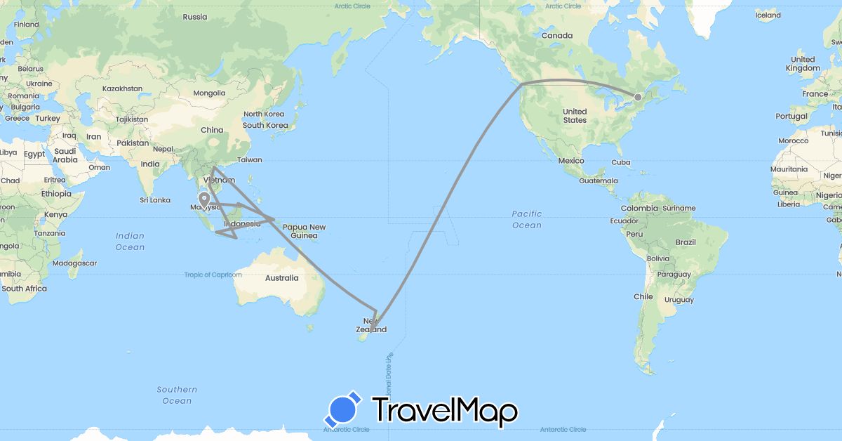 TravelMap itinerary: driving, plane in Canada, Indonesia, Cambodia, Malaysia, New Zealand, Vietnam (Asia, North America, Oceania)
